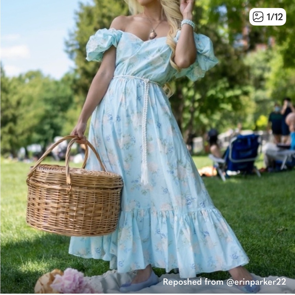 Charming Blue Floral Off-Shoulder Dress